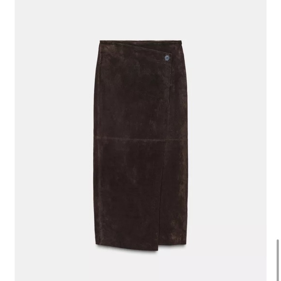 Zara NWT 100% leather wrap midi skirt brown 6318/236 - Picture 2 of 12